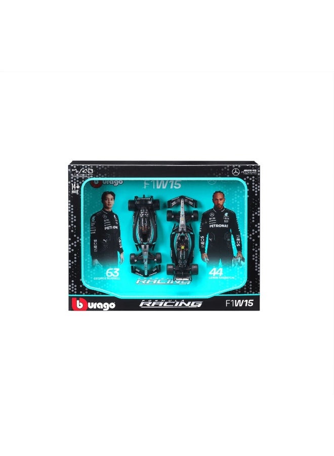 Bburago Racing F1 2024 Mercedes AMG W15 #44 Lewis Hamilton and #63 George Russel Die-Cast Cars 2-Pack Set (1:43) - Image 1