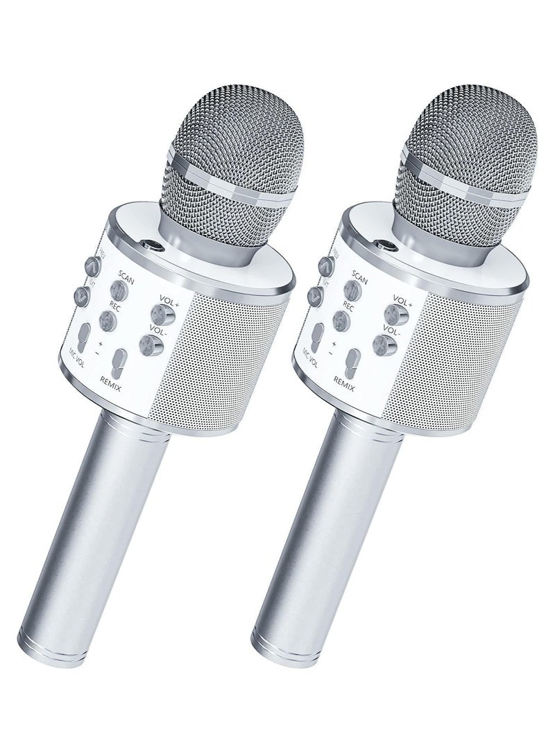 2 حزمة من ميكروفون كاريوكي للأطفال، ميكروفون كاريوكي لاسلكي يعمل بالبلوتوث للغناء، آلة مكبر صوت ميكروفون محمولة باليد، ألعاب هدايا رائعة للفتيات والأولاد والبالغين. (فضة) - Image 1