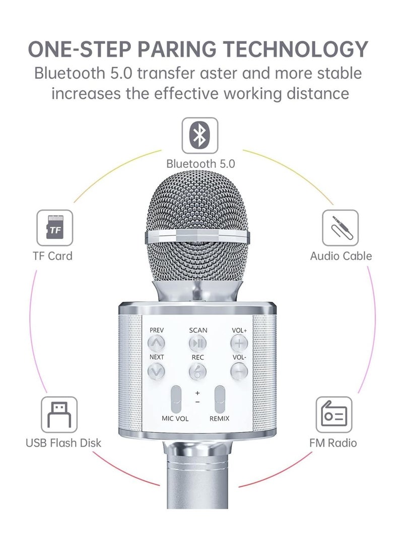 2 حزمة من ميكروفون كاريوكي للأطفال، ميكروفون كاريوكي لاسلكي يعمل بالبلوتوث للغناء، آلة مكبر صوت ميكروفون محمولة باليد، ألعاب هدايا رائعة للفتيات والأولاد والبالغين. (فضة) - Image 2