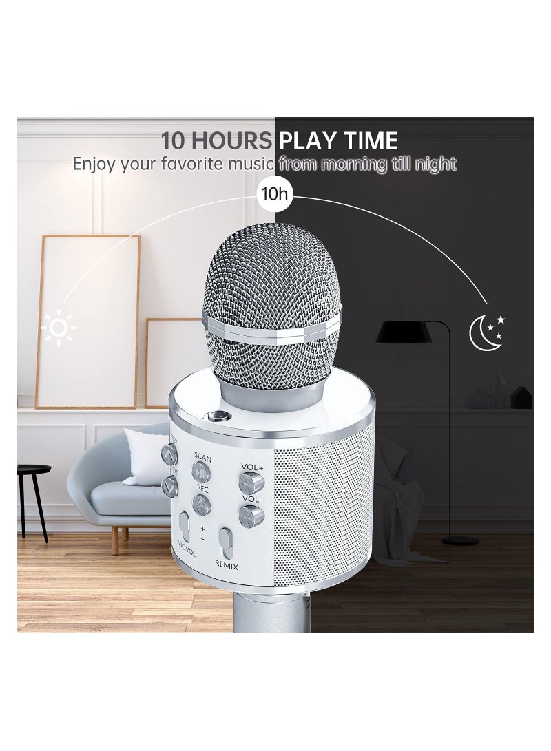 2 حزمة من ميكروفون كاريوكي للأطفال، ميكروفون كاريوكي لاسلكي يعمل بالبلوتوث للغناء، آلة مكبر صوت ميكروفون محمولة باليد، ألعاب هدايا رائعة للفتيات والأولاد والبالغين. (فضة) - Image 4