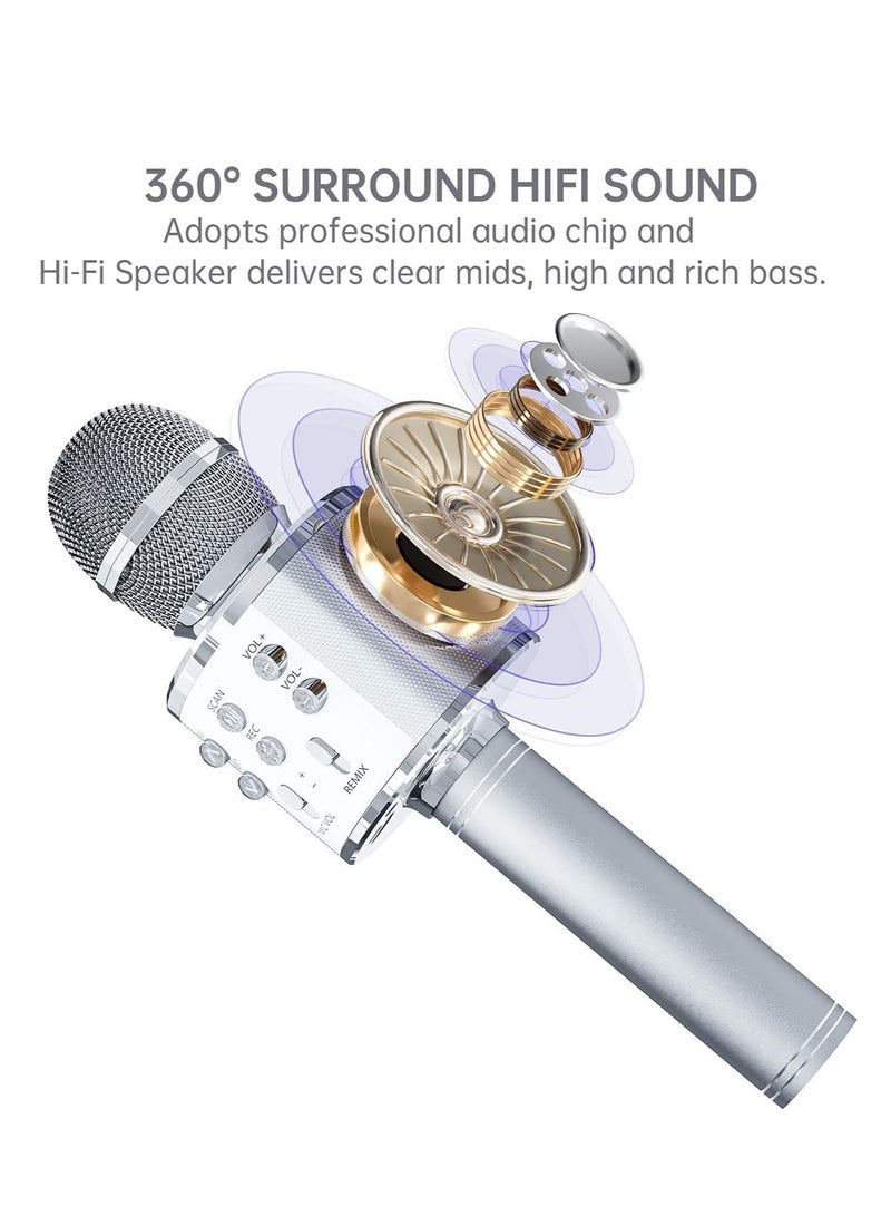 2 حزمة من ميكروفون كاريوكي للأطفال، ميكروفون كاريوكي لاسلكي يعمل بالبلوتوث للغناء، آلة مكبر صوت ميكروفون محمولة باليد، ألعاب هدايا رائعة للفتيات والأولاد والبالغين. (فضة) - Image 3