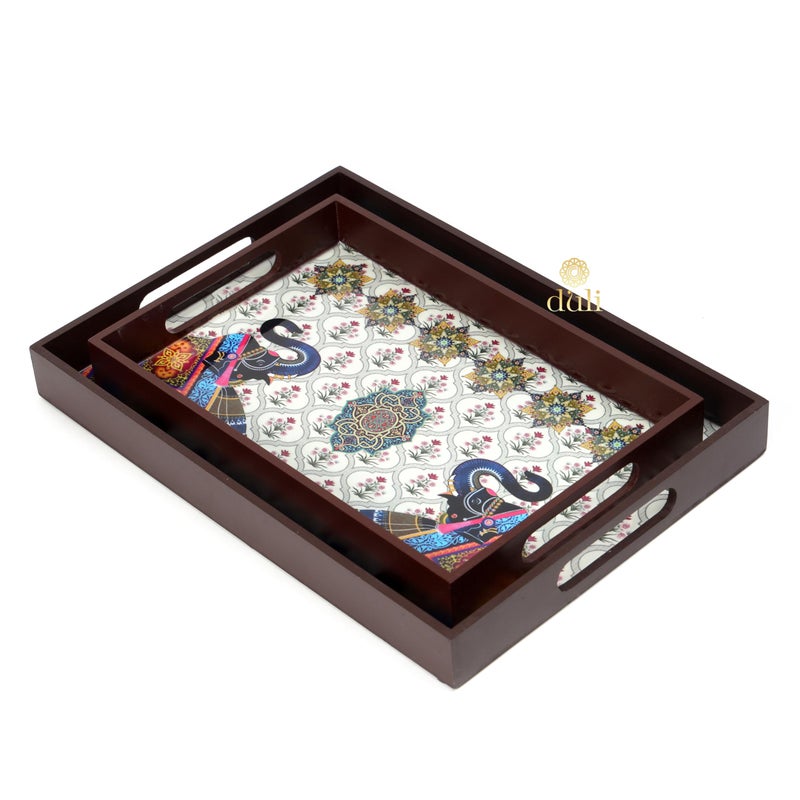 DULI طقم DULI من 2 صينية متعددة الاستخدامات مطلية بالمينا من خشب MDF | صينية تقديم للمنزل وطاولة الطعام | صينية متعددة الاستخدامات | (12x8 و 14x10 بوصة) (طقم من 2 مزخرف: 2 فيل مستطيل) - Image 4