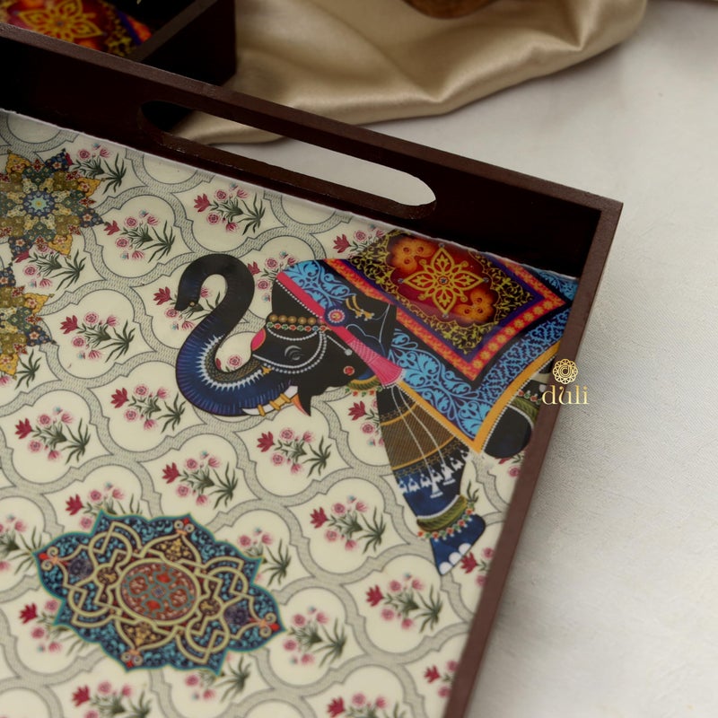 DULI طقم DULI من 2 صينية متعددة الاستخدامات مطلية بالمينا من خشب MDF | صينية تقديم للمنزل وطاولة الطعام | صينية متعددة الاستخدامات | (12x8 و 14x10 بوصة) (طقم من 2 مزخرف: 2 فيل مستطيل) - Image 2