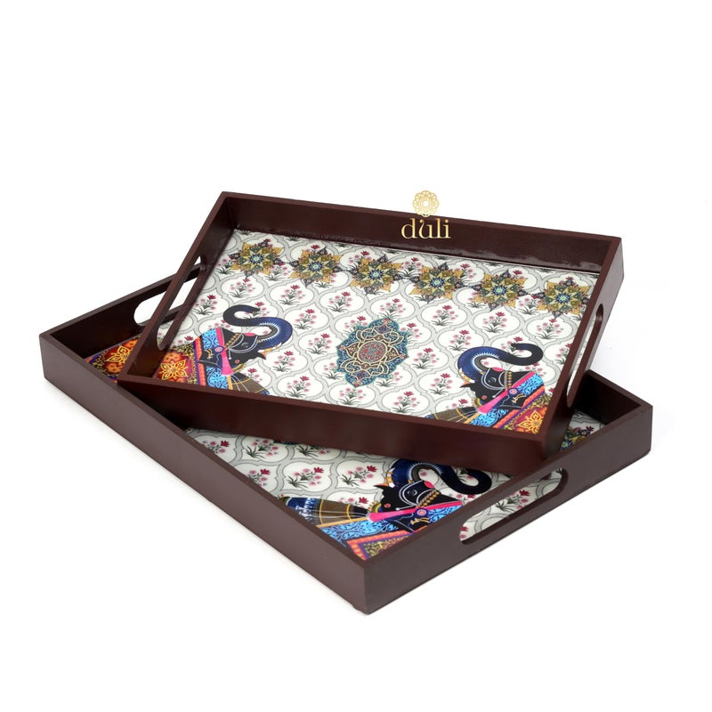 DULI طقم DULI من 2 صينية متعددة الاستخدامات مطلية بالمينا من خشب MDF | صينية تقديم للمنزل وطاولة الطعام | صينية متعددة الاستخدامات | (12x8 و 14x10 بوصة) (طقم من 2 مزخرف: 2 فيل مستطيل) - Image 3