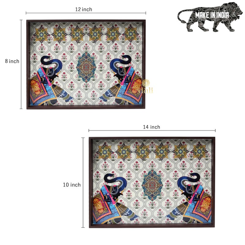 DULI طقم DULI من 2 صينية متعددة الاستخدامات مطلية بالمينا من خشب MDF | صينية تقديم للمنزل وطاولة الطعام | صينية متعددة الاستخدامات | (12x8 و 14x10 بوصة) (طقم من 2 مزخرف: 2 فيل مستطيل) - Image 5