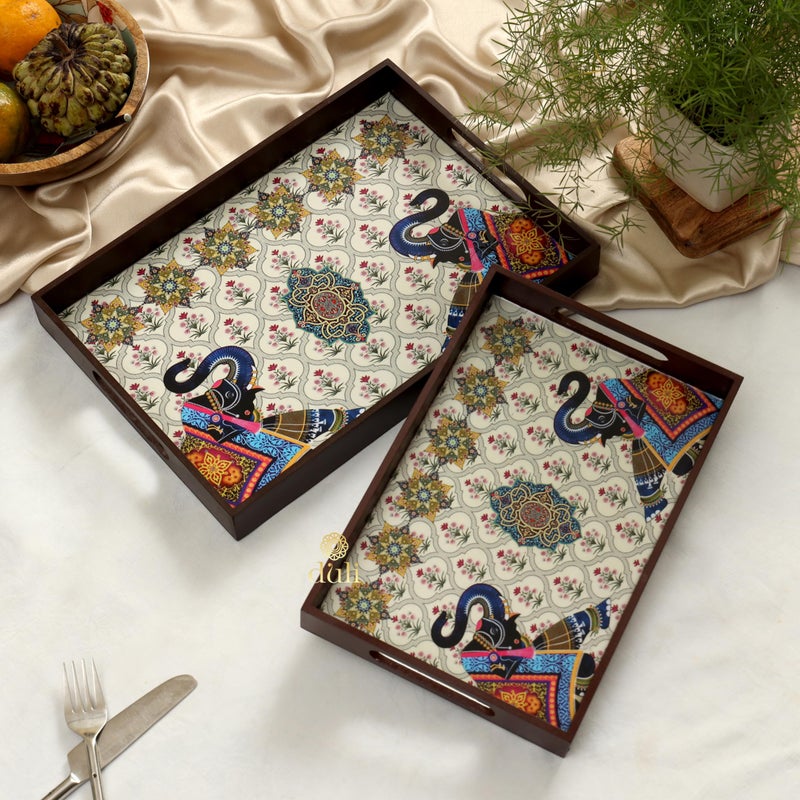 DULI طقم DULI من 2 صينية متعددة الاستخدامات مطلية بالمينا من خشب MDF | صينية تقديم للمنزل وطاولة الطعام | صينية متعددة الاستخدامات | (12x8 و 14x10 بوصة) (طقم من 2 مزخرف: 2 فيل مستطيل) - Image 1