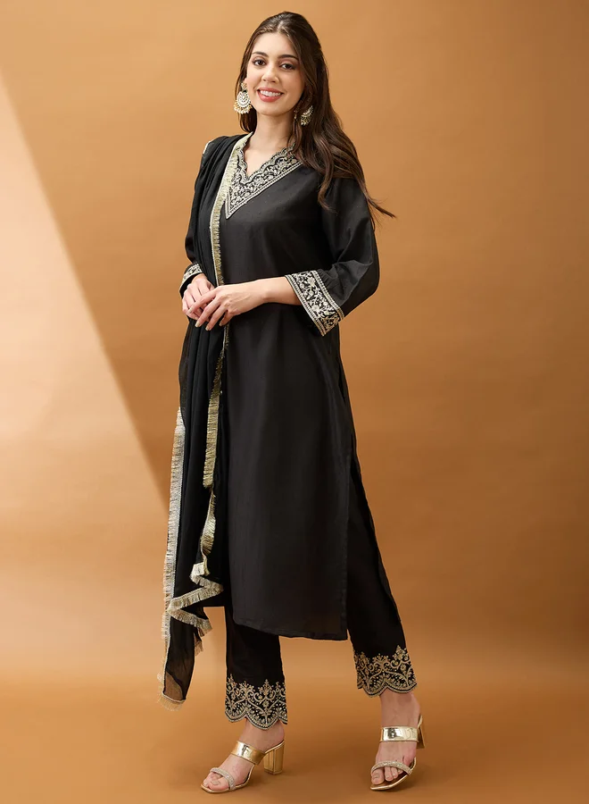 globus Globus Women Black Sequined Kurta with Pant and Dupatta Set