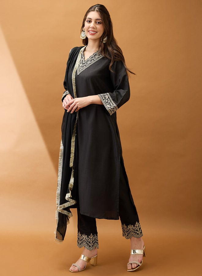 Globus Women Black Sequined Kurta with Pant and Dupatta Set - Image 2