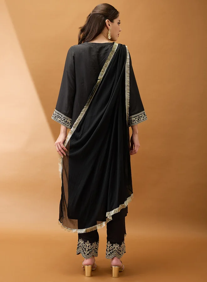globus Globus Women Black Sequined Kurta with Pant and Dupatta Set
