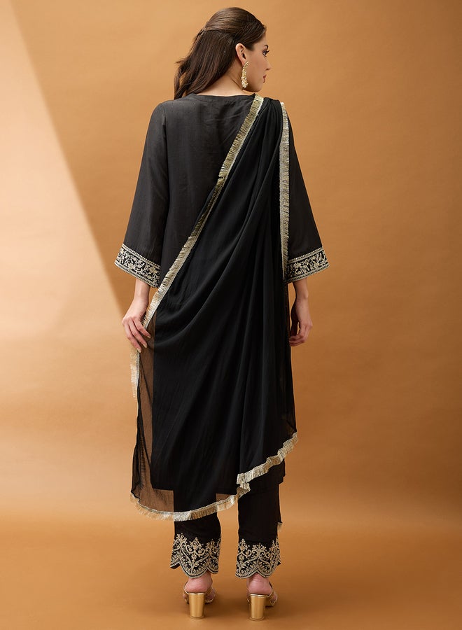 Globus Women Black Sequined Kurta with Pant and Dupatta Set - Image 3