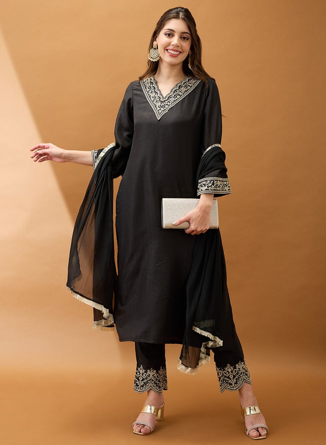 Globus Women Black Sequined Kurta with Pant and Dupatta Set - Image 1