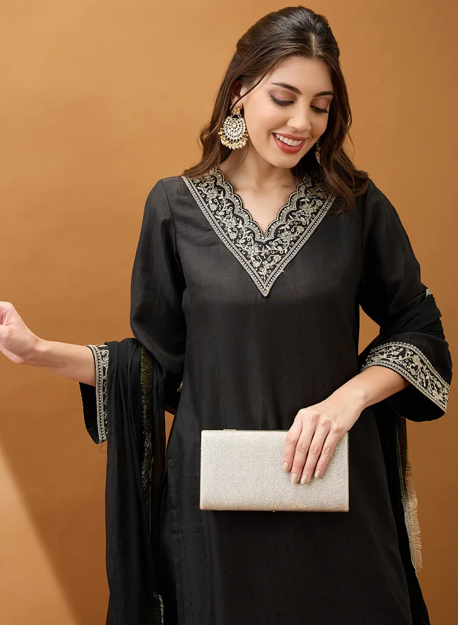 globus Globus Women Black Sequined Kurta with Pant and Dupatta Set