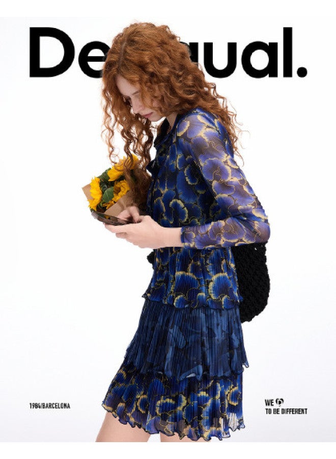 DESIGUAL abstract Floral Print Mesh Pleated Lapel Dress For Spring/summer 2025 - Image 1