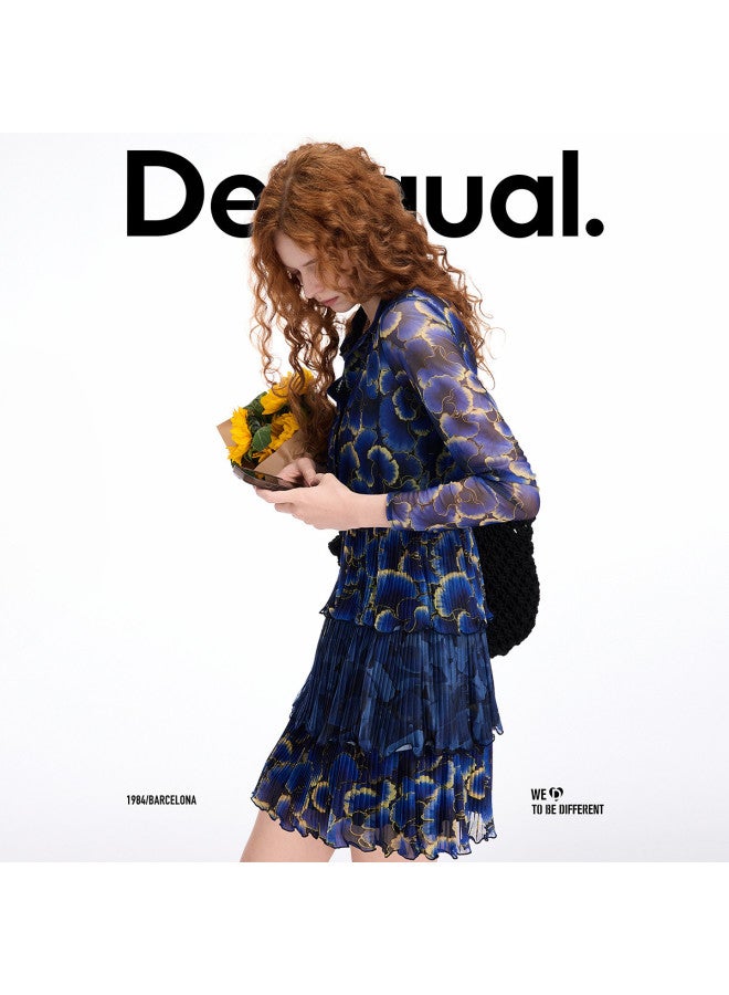 DESIGUAL abstract Floral Print Mesh Pleated Lapel Dress For Spring/summer 2025 - Image 2