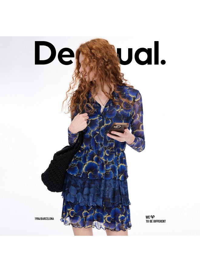 DESIGUAL abstract Floral Print Mesh Pleated Lapel Dress For Spring/summer 2025 - Image 5