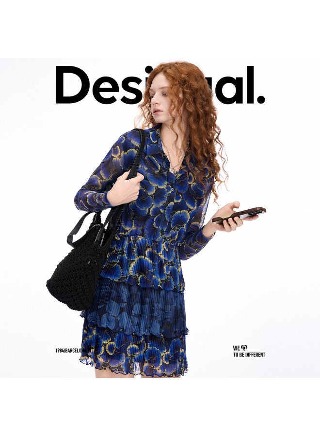 DESIGUAL abstract Floral Print Mesh Pleated Lapel Dress For Spring/summer 2025 - Image 4