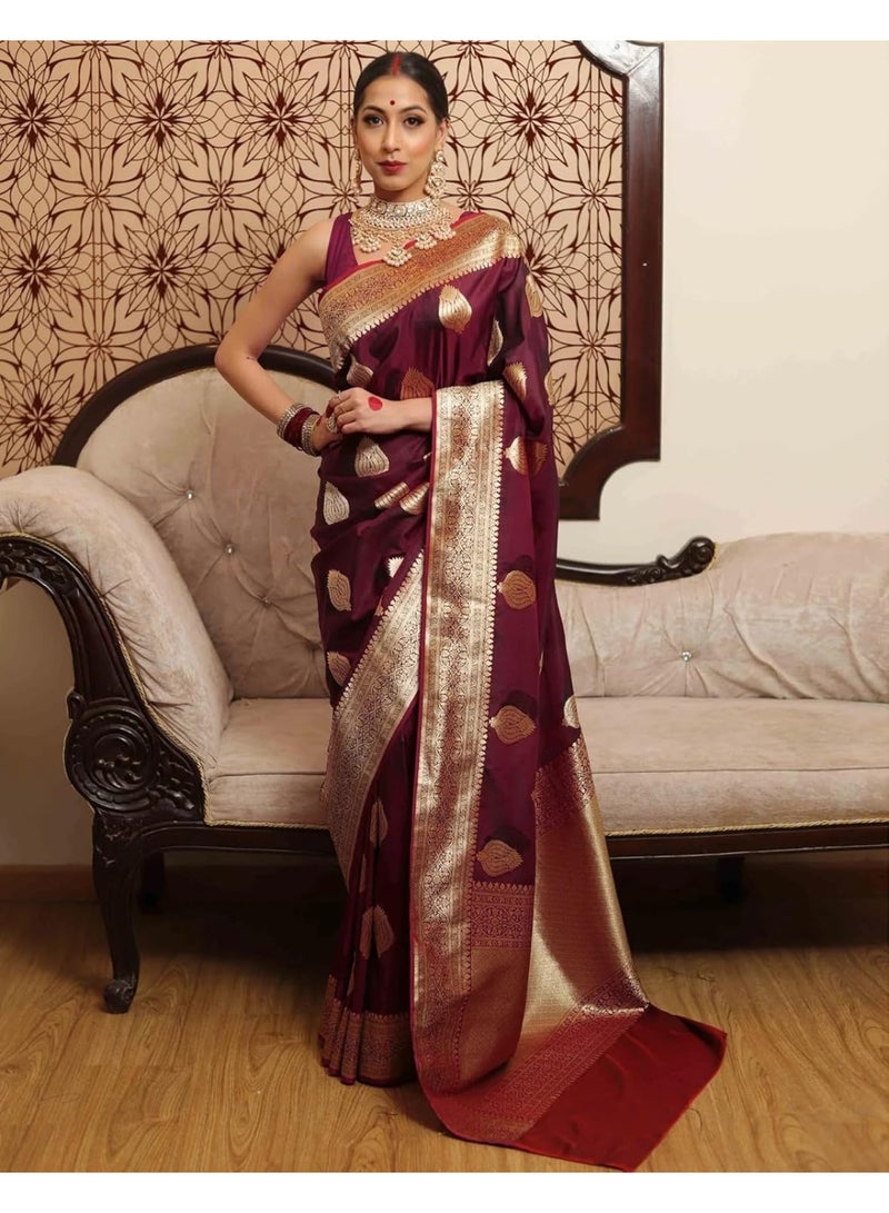 ساري حريري كانجيفارام نقي للسيدات من ساري ناعم بنمط باناراسي مع قطعة بلوزة لحفلات الزفاف - Image 3