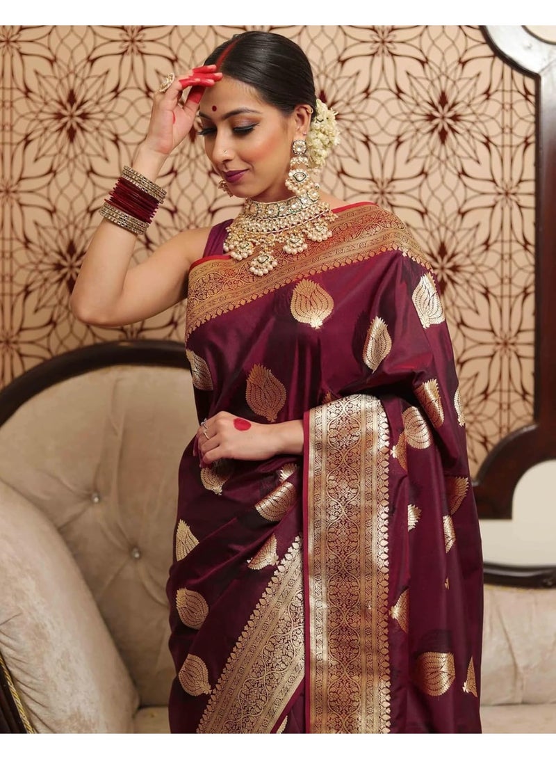 ساري حريري كانجيفارام نقي للسيدات من ساري ناعم بنمط باناراسي مع قطعة بلوزة لحفلات الزفاف - Image 2