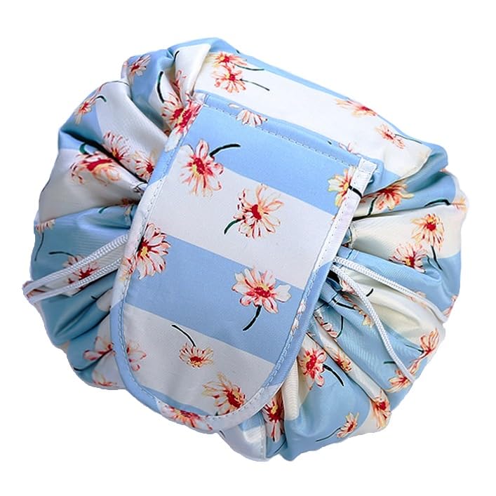 ERHETUS Stylish Portable Lazy Cosmetic Bag with Drawstrings | Convenient & Waterproof Makeup Pouch for Girls | Large Capacity Storage Pouches | Toiletry Bags for Women (White-Blue Flower) - Image 1