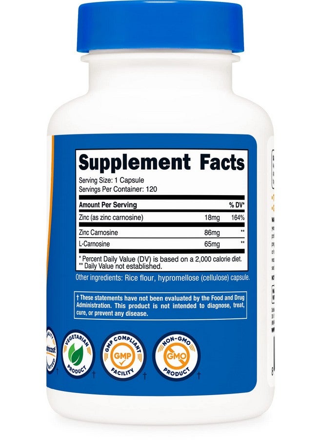 Nutricost زنك كارنوستين 86 ملغ 120 كبسولة خالية من الكائنات المعدلة وراثيًا وخالية من الغلوتين مكمل زنك كارنوستين - Image 5