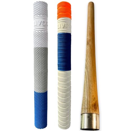 LIVOX Rubber Cricket Bat Handle Grip Cone Ultra Tacky for Better Shock Absorption Bat Gripper Cone Cricket Accessories for Boys Cricket Bat, 1 Wooden Cone & 2 Bat Grip - Image 1