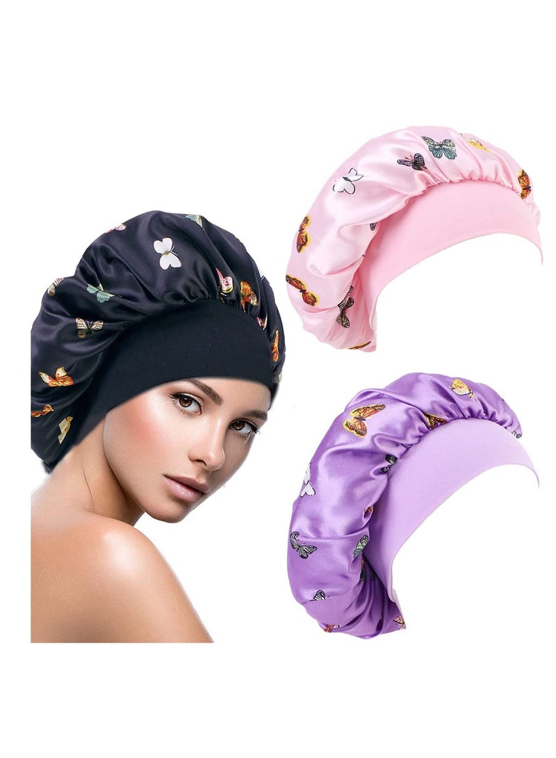SYOSI غطاء رأس حريري، قبعة نوم ليلية بدون غطاء حمام ضيق، قبعة تصفيف الشعر ناعمة ومريحة دون إيذاء الشعر للنساء والفتيات، العناية بالشعر أثناء النوم، غطاء رأس مرن 3 قطع - Image 1