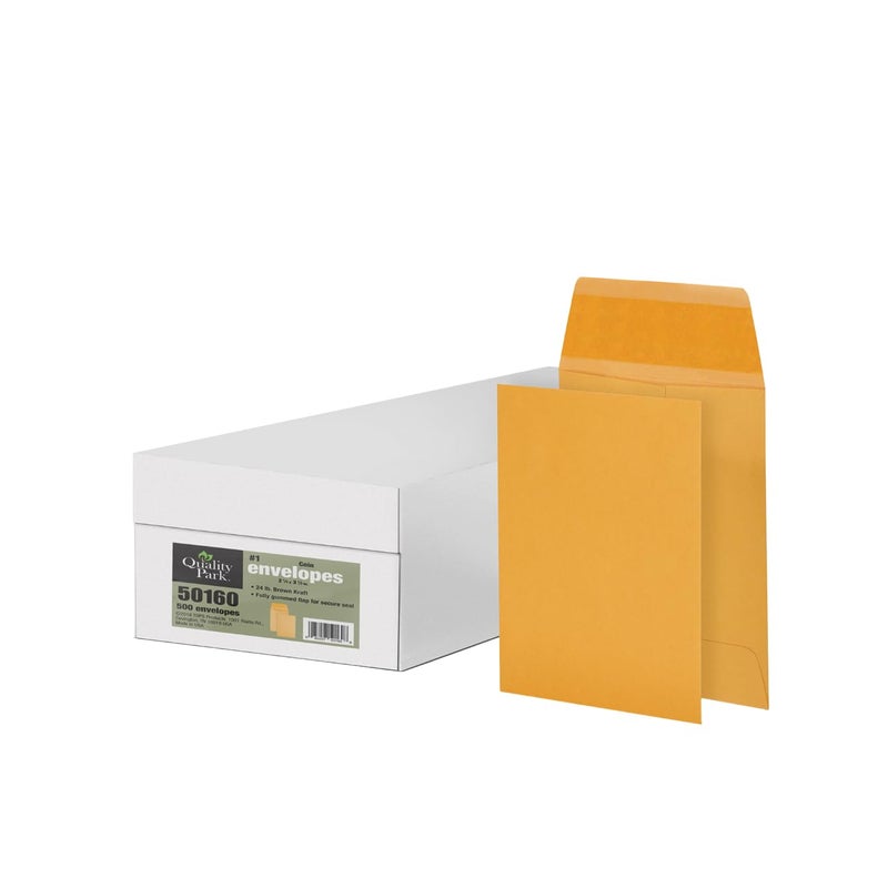 Quality Park #1 Coin Envelopes, 2 1/4 x 3 1/2, Gummed, Small Parts, Jewelry & Seed Envelopes for Garden, Office, 24 lb Kraft, 500 per Box (QUA50160) - Image 1