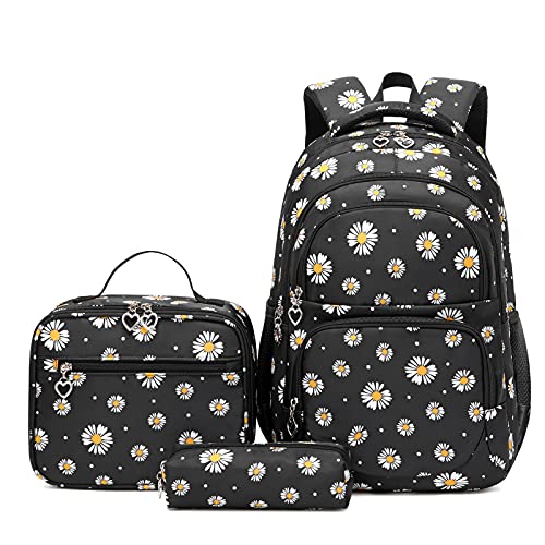 goldwheat Daisy Printed Backpacks With Lunch Pack Pencil Case 3pcs, Lightweight Water Resistant Bookbag For Middle School - Image 1