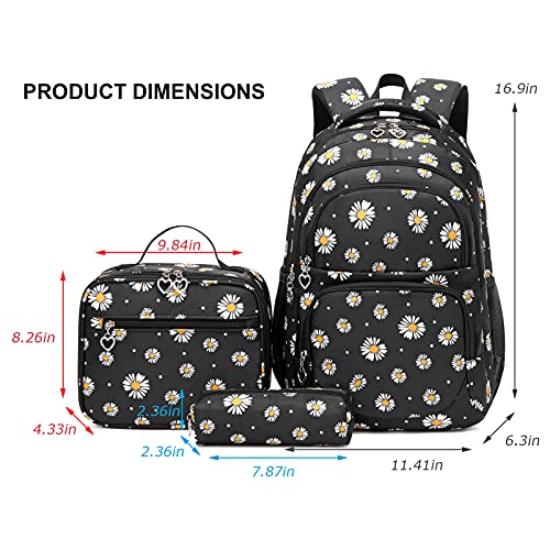 goldwheat Daisy Printed Backpacks With Lunch Pack Pencil Case 3pcs, Lightweight Water Resistant Bookbag For Middle School - Image 2