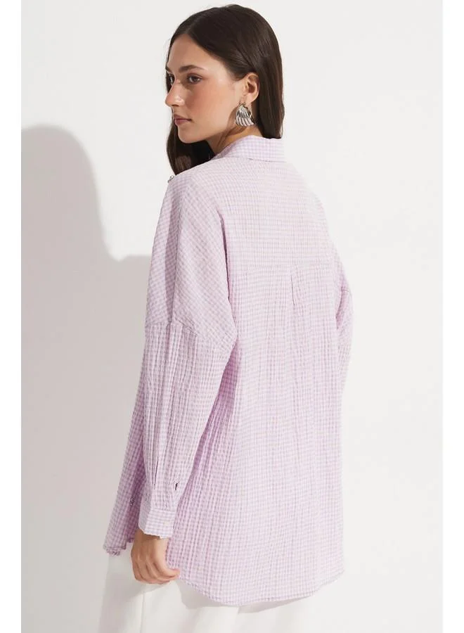 JUNE June Women Exclusive Oversize/Loose Fit Linen Blend Stone Detailed Shirt Lilac