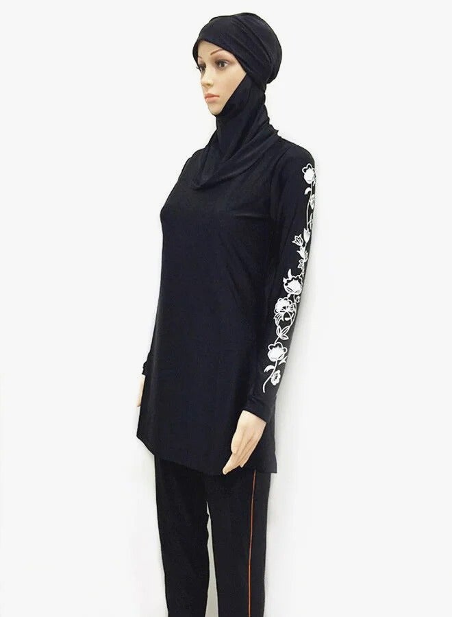 ملابس سباحة إسلامية بنقشة الزهور أسود - Image 3