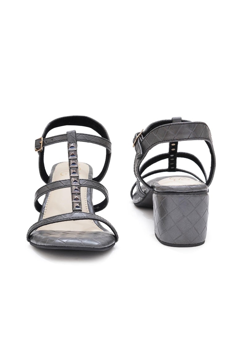 Sole House Sole House Elegant Grey Block Heels: Textured Strappy Design with Studded Detail - perfect for parties, celebrations & special occasions.  - Image 2