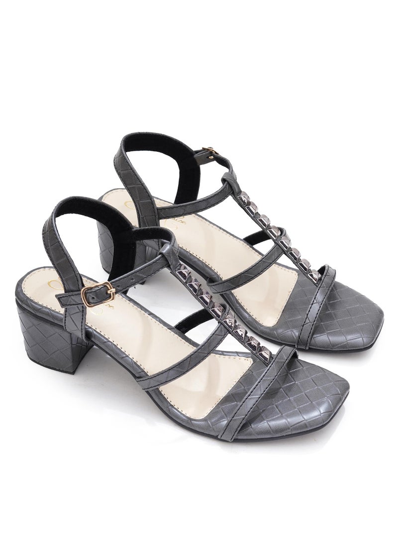 Sole House Sole House Elegant Grey Block Heels: Textured Strappy Design with Studded Detail - perfect for parties, celebrations & special occasions.  - Image 1