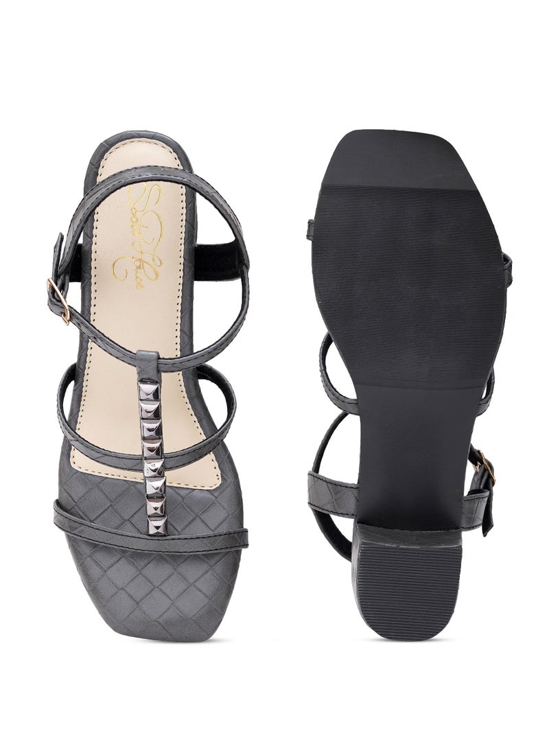 Sole House Sole House Elegant Grey Block Heels: Textured Strappy Design with Studded Detail - perfect for parties, celebrations & special occasions.  - Image 5