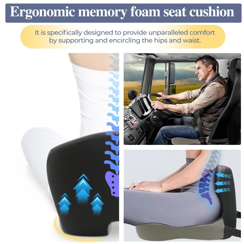 Mosxoed Memory Foam Seat Cushion for Sciatica & Back Pain Relief - Ergonomic Chair Pad with Adjustable Strap & Supportive Comfort Cover, Non-Slip for Car, Truck, Office Chair - Dark Gray&Light Gray - Image 3
