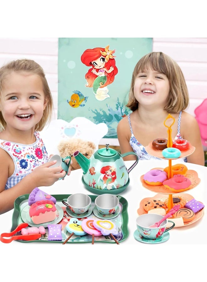 MAGIC VAULT طقم حفلة شاي حورية البحر للأطفال – 48 قطعة طقم شاي للعب التظاهر مع إبريق الشاي، أكواب، أطباق، صحون وحلويات – ألعاب مطبخ للعب الأدوار للفتيات من عمر 3 سنوات فما فوق، هدايا عيد ميلاد مع حقيبة حمل - Image 2