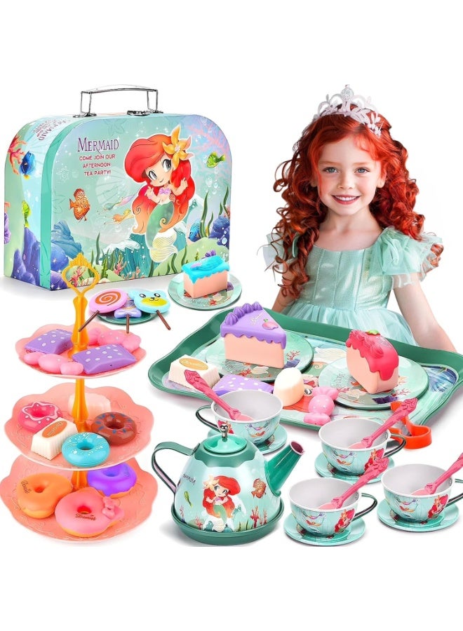 MAGIC VAULT طقم حفلة شاي حورية البحر للأطفال – 48 قطعة طقم شاي للعب التظاهر مع إبريق الشاي، أكواب، أطباق، صحون وحلويات – ألعاب مطبخ للعب الأدوار للفتيات من عمر 3 سنوات فما فوق، هدايا عيد ميلاد مع حقيبة حمل - Image 1