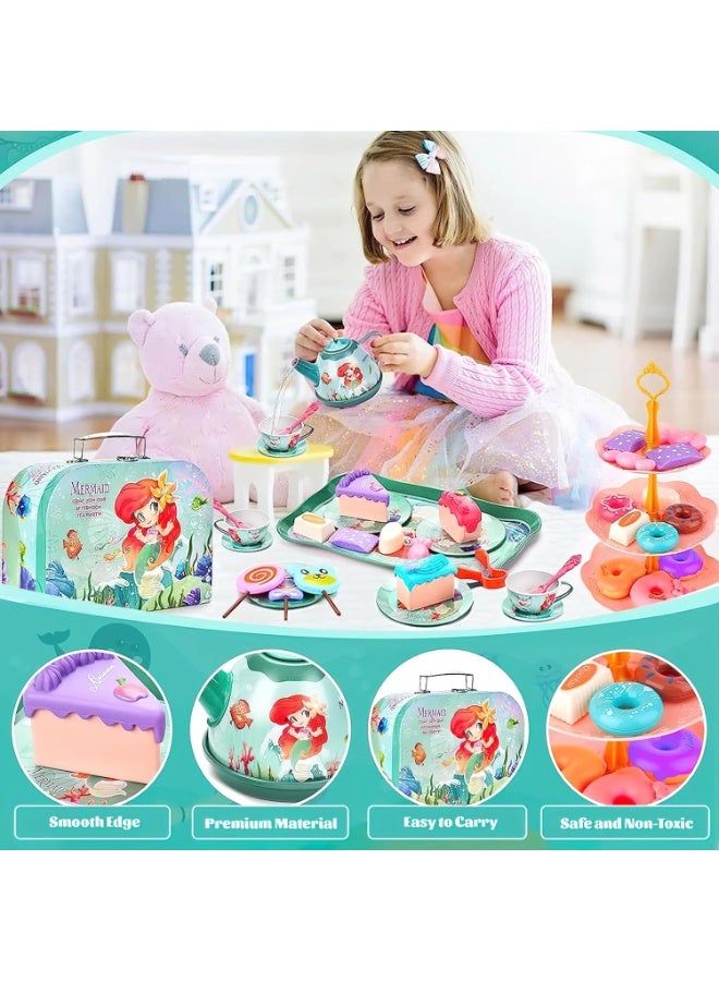 MAGIC VAULT طقم حفلة شاي حورية البحر للأطفال – 48 قطعة طقم شاي للعب التظاهر مع إبريق الشاي، أكواب، أطباق، صحون وحلويات – ألعاب مطبخ للعب الأدوار للفتيات من عمر 3 سنوات فما فوق، هدايا عيد ميلاد مع حقيبة حمل - Image 5