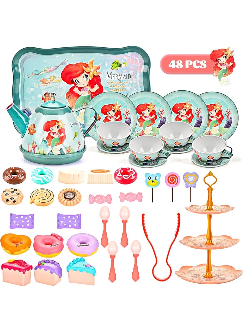 MAGIC VAULT طقم حفلة شاي حورية البحر للأطفال – 48 قطعة طقم شاي للعب التظاهر مع إبريق الشاي، أكواب، أطباق، صحون وحلويات – ألعاب مطبخ للعب الأدوار للفتيات من عمر 3 سنوات فما فوق، هدايا عيد ميلاد مع حقيبة حمل - Image 4