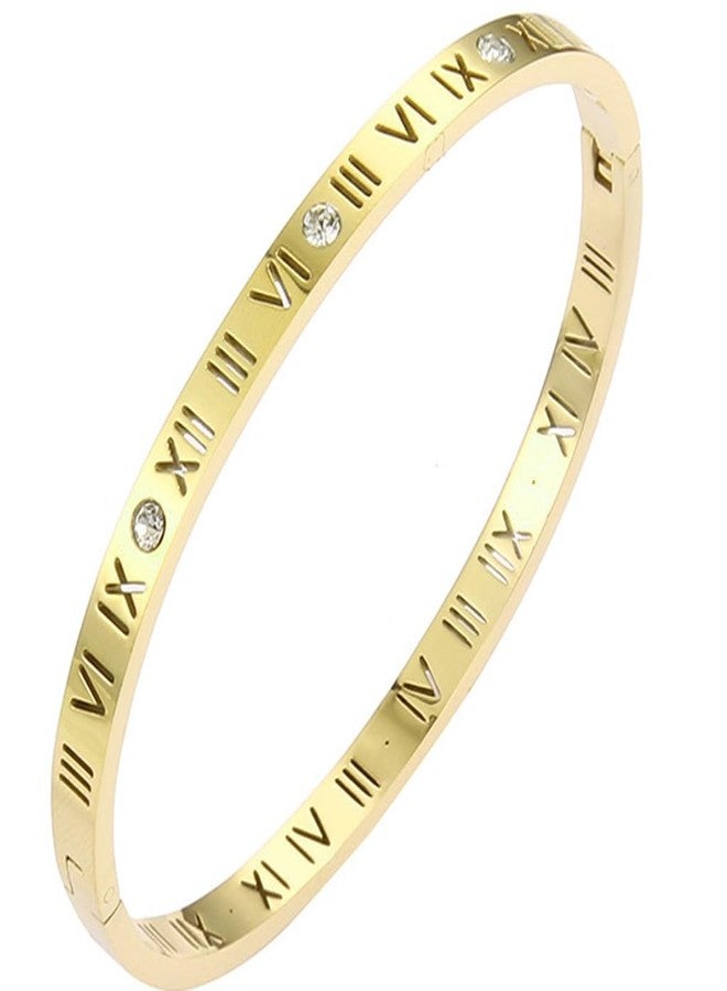 Jude Jewelers 4mm Stainless Steel Open Clasp Roman Numbers Cubic Zircon Filled Bangle Bracelet (Gold) - Image 2