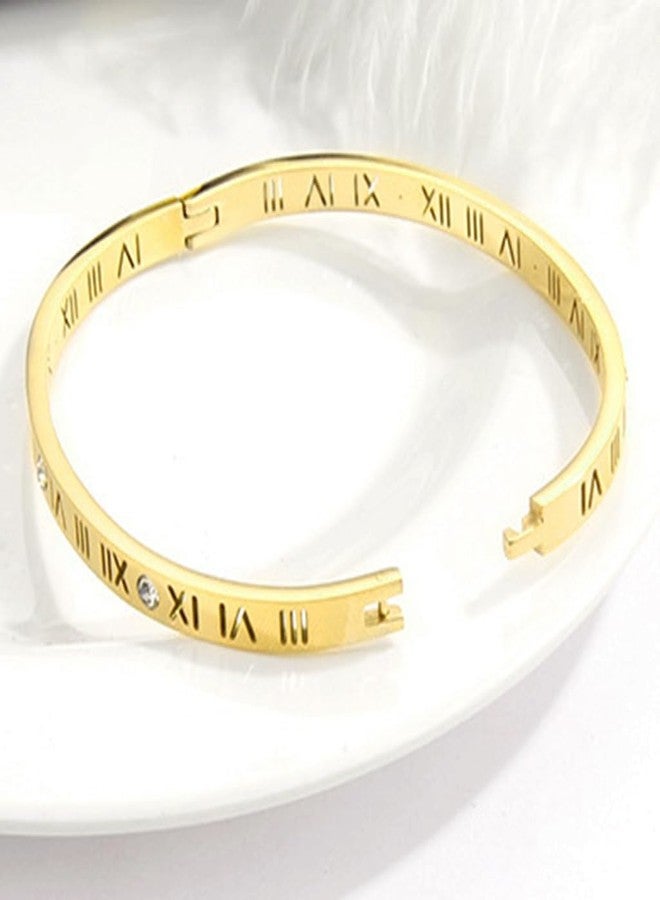 Jude Jewelers 4mm Stainless Steel Open Clasp Roman Numbers Cubic Zircon Filled Bangle Bracelet (Gold) - Image 3
