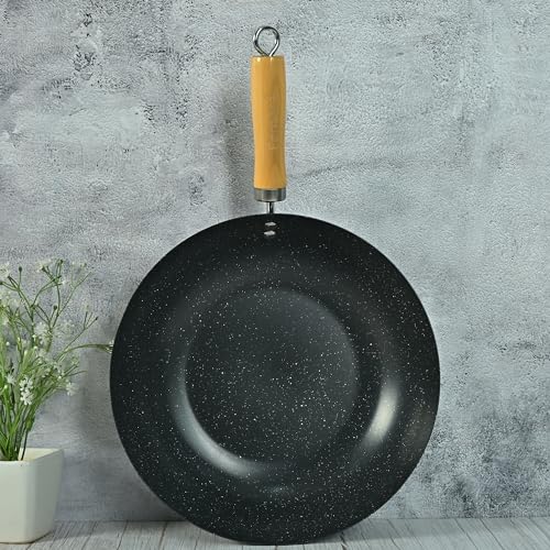 Femora Carbon Steel Wok 28 CM with Wooden Handle, 3 Layer Non-Stick Coating Kadhai, Heat Resistant Coating, Black, Pack of 1 - Image 3