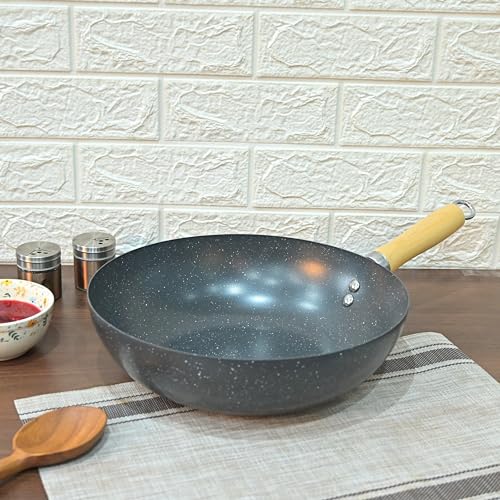 Femora Carbon Steel Wok 28 CM with Wooden Handle, 3 Layer Non-Stick Coating Kadhai, Heat Resistant Coating, Black, Pack of 1 - Image 2