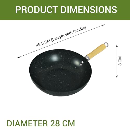 Femora Carbon Steel Wok 28 CM with Wooden Handle, 3 Layer Non-Stick Coating Kadhai, Heat Resistant Coating, Black, Pack of 1 - Image 4