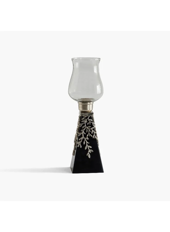 Home Box Nordic Cone Glass Hurricane Candleholder with Aluminium Motif and Wooden Base - 12x12x40 cm
