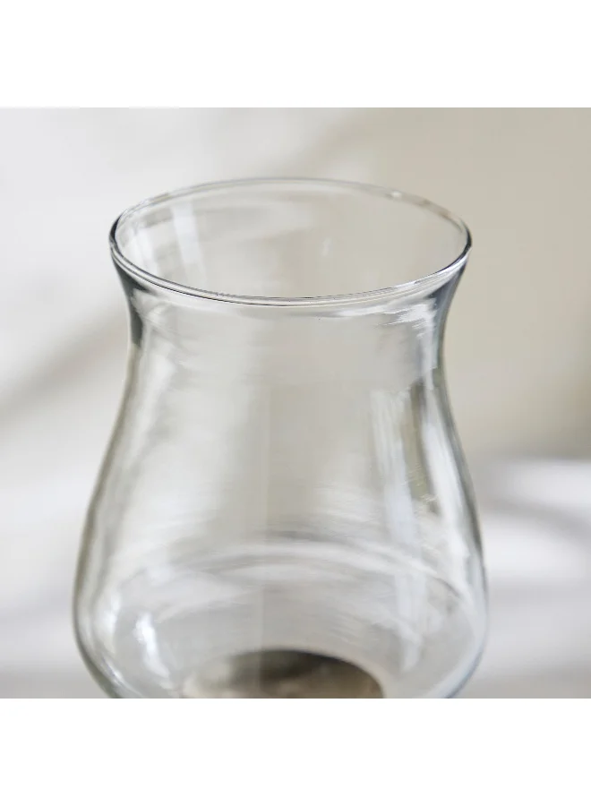 Home Box Nordic Cone Glass Hurricane Candleholder with Aluminium Motif and Wooden Base - 12x12x40 cm