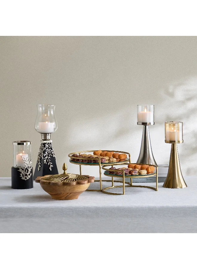 Home Box Nordic Cone Glass Hurricane Candleholder with Aluminium Motif and Wooden Base - 12x12x40 cm