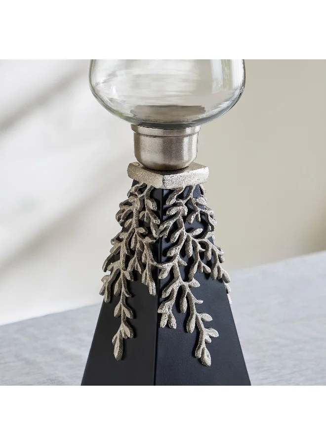 Home Box Nordic Cone Glass Hurricane Candleholder with Aluminium Motif and Wooden Base - 12x12x40 cm