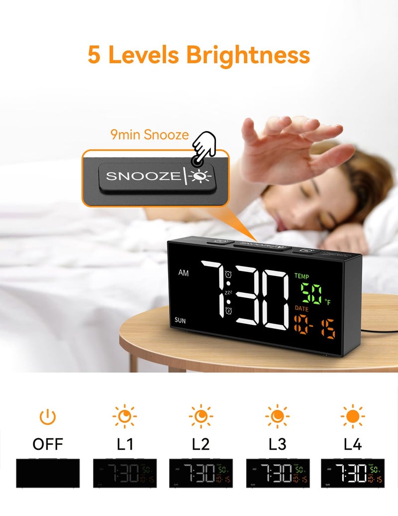 Netzu Alarm Clocks for Bedrooms, Digital Clock with Date Temperature and Weekday, Manual DST, Snooze, 2 Alarms, 4 Volumes for Living Room Home Bedside Desk (Black) - Image 5