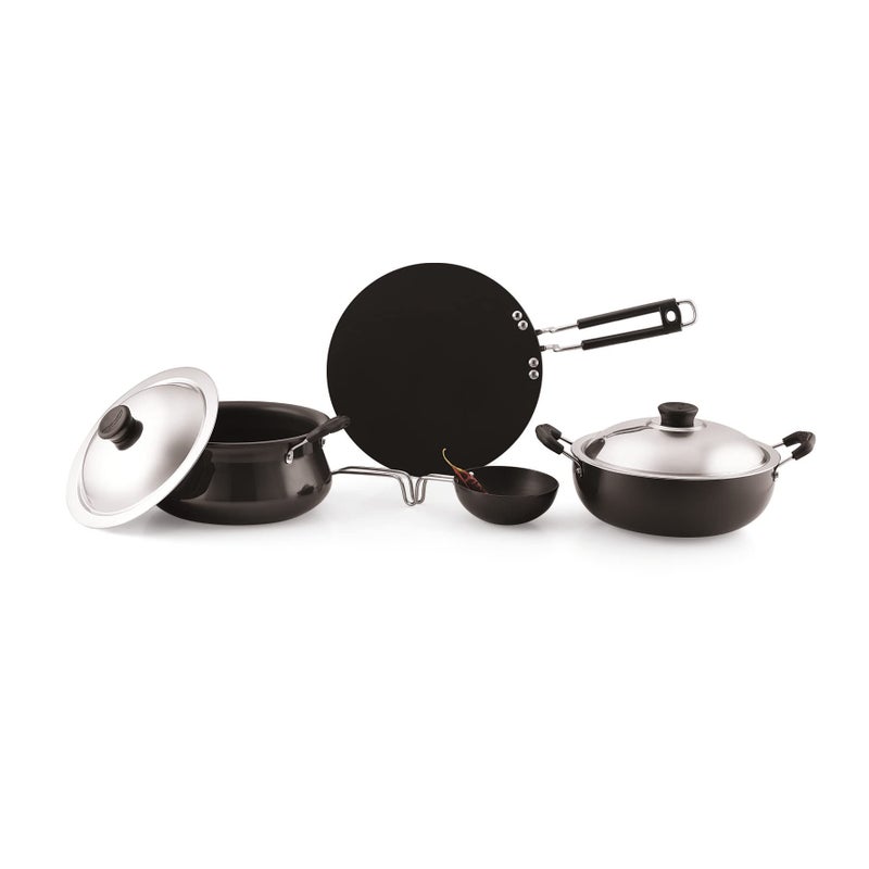 Anjali Aluminium Non Stick 4 Pieces Combo Set Roti Tawa, Handi with Steel Lid, Kadai with Steel Lid, Tadka Pan with Sturdy Grip - Black - Image 2